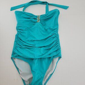 Lauren Ralph Lauren Swimsuit womens 10 Blue Gathered Beaded Stones Halter Tie